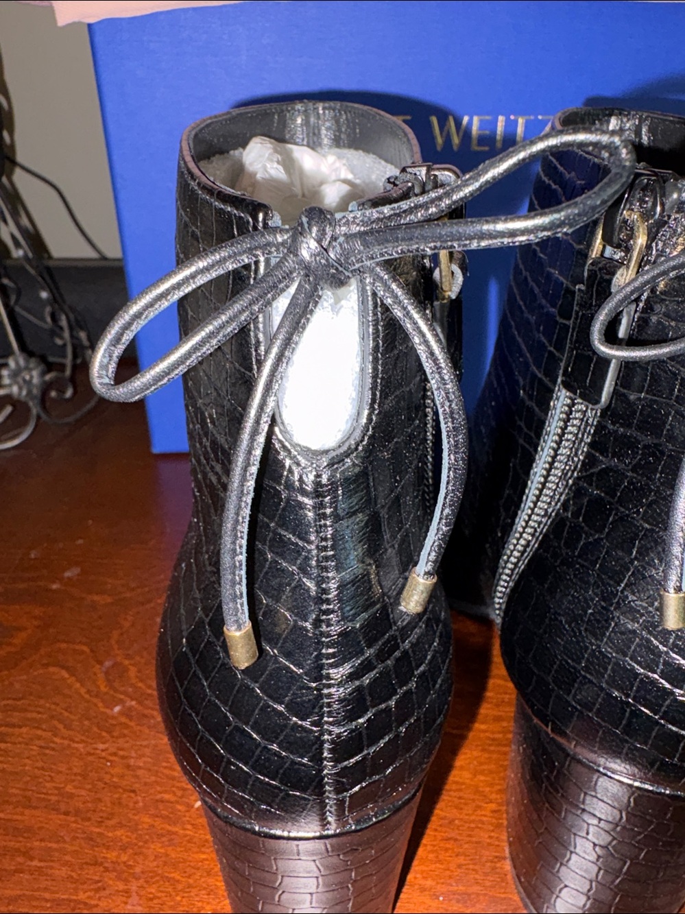 Stuart Weitzman Black Croc-Embossed Leather Gardiner Dress Booties -Size 7.5 NIB - Picture 9 of 16